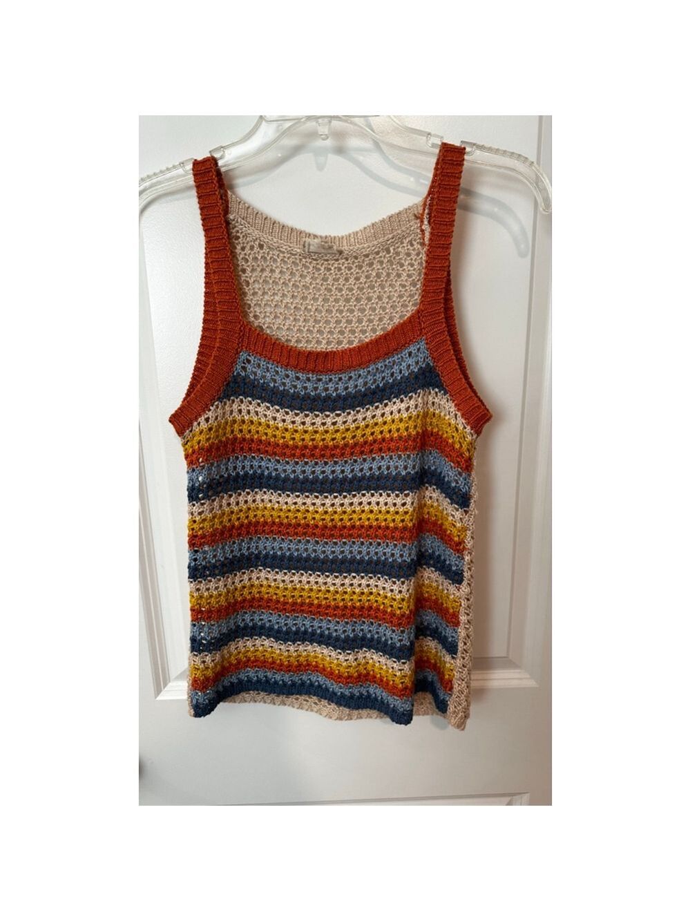 Hem & Thread S Beige Multi-Stripe Crochet Knit Tank Top EUC
